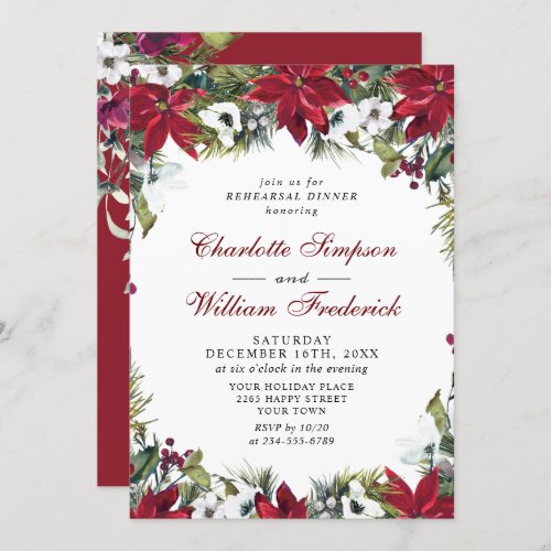 Elegant Red Poinsettia Watercolor REHEARSAL DINNER Invitation