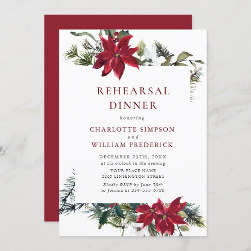 Elegant Red Poinsettia Watercolor REHEARSAL DINNER Invitation