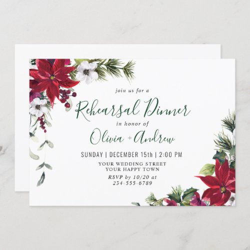Elegant Red Poinsettia Watercolor REHEARSAL DINNER Invitation