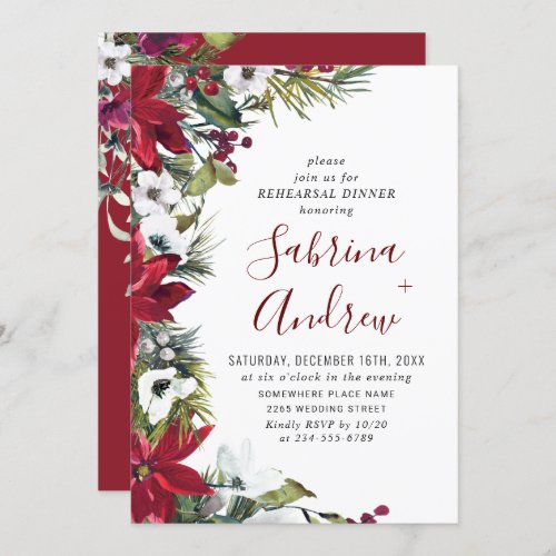 Elegant Red Poinsettia Watercolor REHEARSAL DINNER Invitation