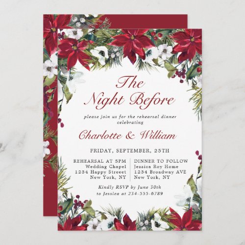 Elegant Red Poinsettia Watercolor REHEARSAL DINNER Invitation