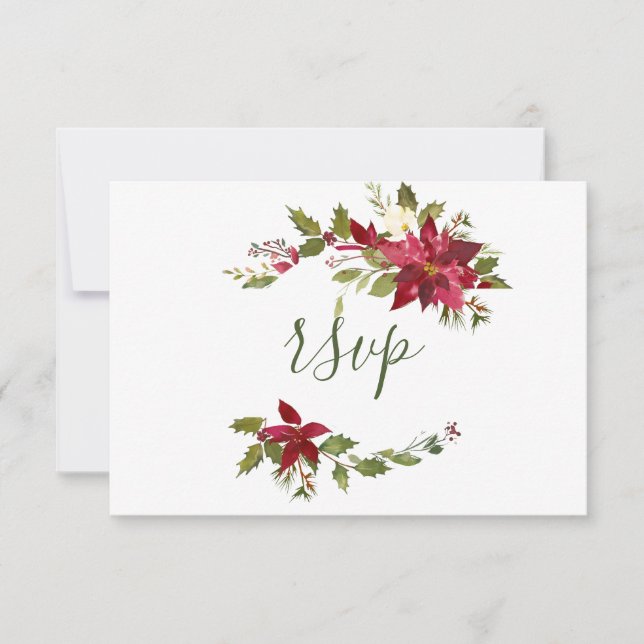 Elegant Red Poinsettia Website Christmas Wedding RSVP Card (Front)