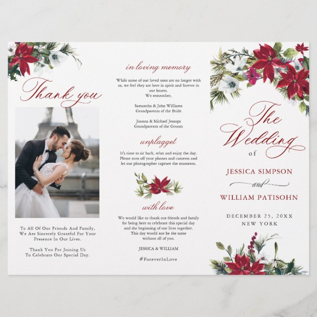 Elegant Red Poinsettia Wedding Ceremony Program (Front)