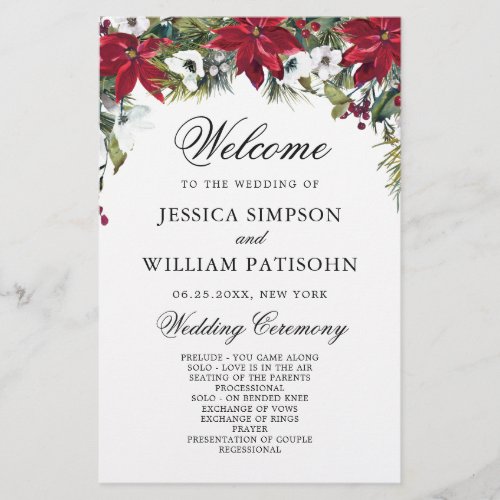 Elegant Red Poinsettia Wedding Ceremony Program