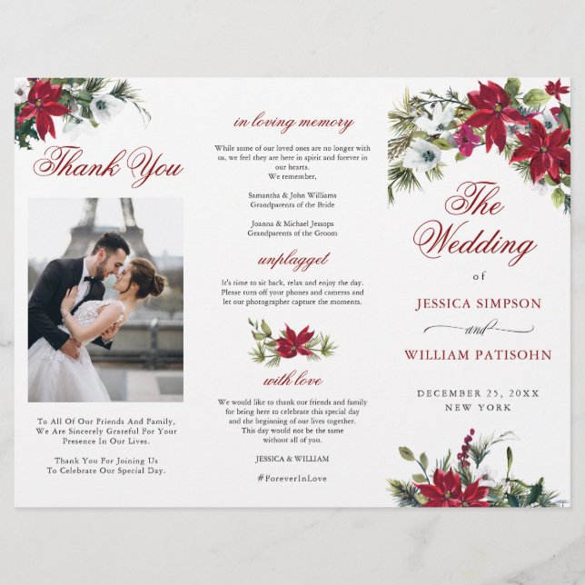 Elegant Red Poinsettia Wedding Ceremony Program (Front)