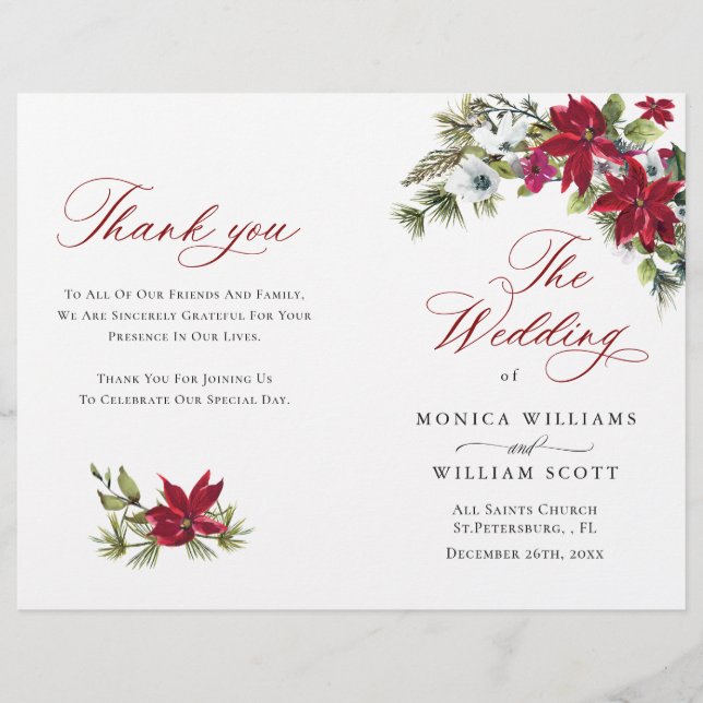 Elegant Red Poinsettia Wedding Ceremony Program (Front)