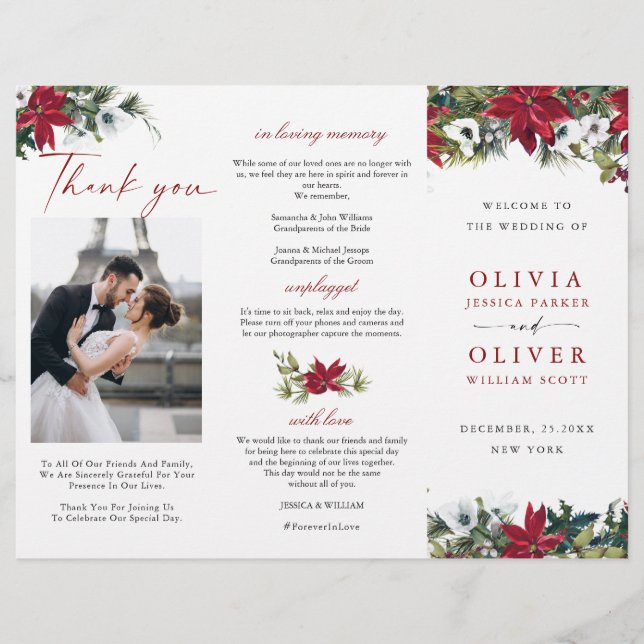 Elegant Red Poinsettia Wedding Ceremony Program (Front)