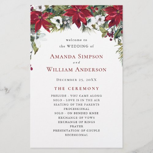 Elegant Red Poinsettia Wedding Ceremony Program