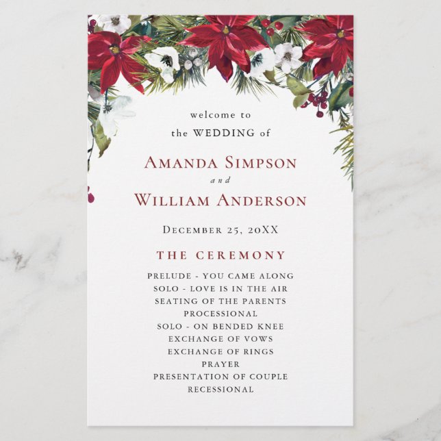 Elegant Red Poinsettia Wedding Ceremony Program (Front)