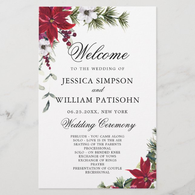 Elegant Red Poinsettia Wedding Ceremony Program (Front)