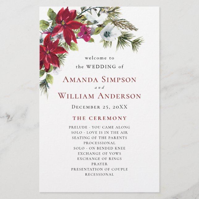 Elegant Red Poinsettia Wedding Ceremony Program (Front)