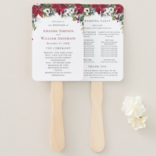 Elegant Red Poinsettia Wedding Ceremony Program Hand Fan