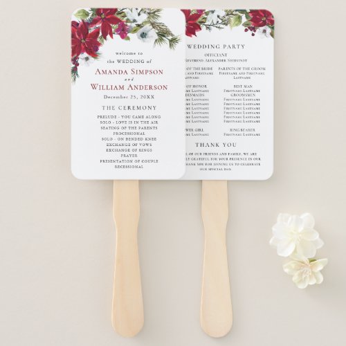 Elegant Red Poinsettia Wedding Ceremony Program Hand Fan