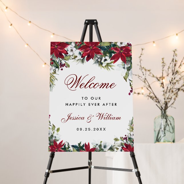 Elegant Red Poinsettia Wedding Ceremony Welcome Foam Board (In Situ (Stand))