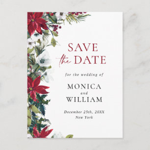 Elegant Red Poinsettia Wedding Save the Date Postcard