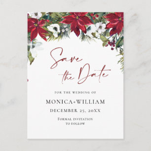 Elegant Red Poinsettia Wedding Save the Date Postcard