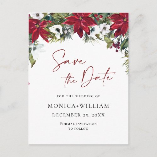 Elegant Red Poinsettia Wedding Save the Date Postcard