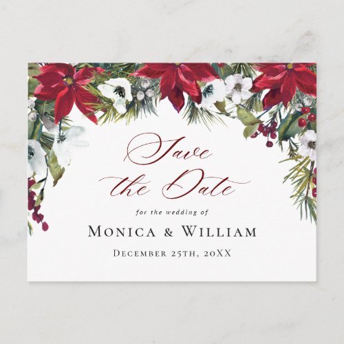 Elegant Red Poinsettia Wedding Save the Date Postcard