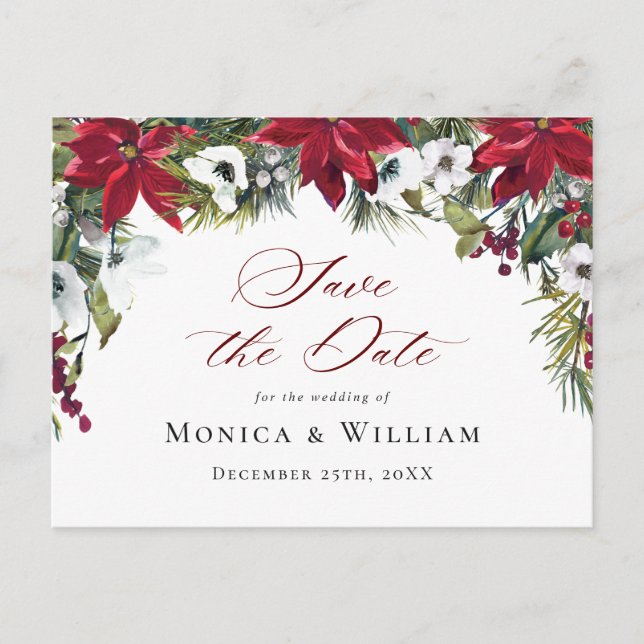 Elegant Red Poinsettia Wedding Save the Date Postcard (Front)