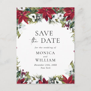 Elegant Red Poinsettia Wedding Save the Date Postcard