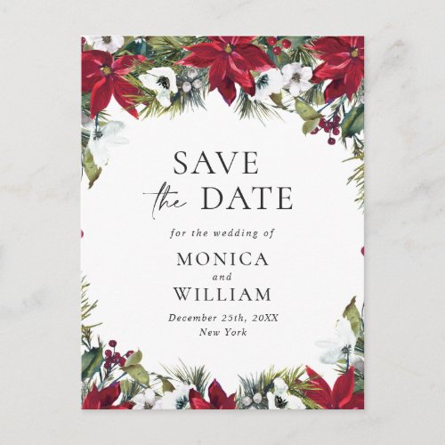 Elegant Red Poinsettia Wedding Save the Date Postcard