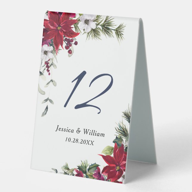 Elegant Red Poinsettia Wedding  Table Tent (Front)