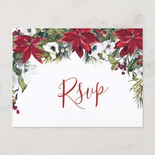 Elegant Red Poinsettia Wedding Watercolor RSVP Postcard