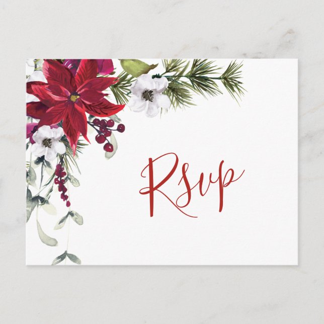 Elegant Red Poinsettia Wedding Watercolor RSVP Postcard (Front)