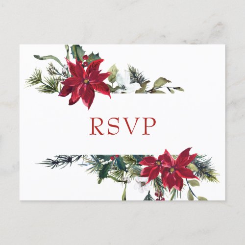 Elegant Red Poinsettia Wedding Watercolor RSVP Postcard