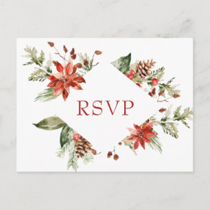 Elegant Red Poinsettia Wedding Watercolor RSVP Postcard