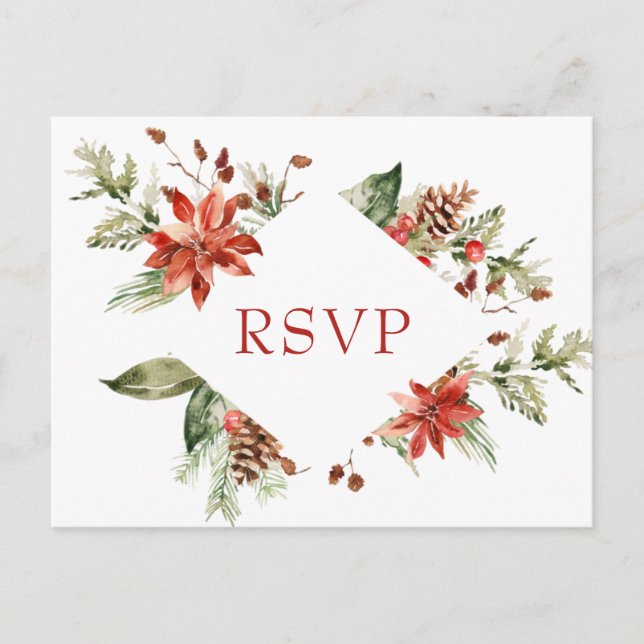 Elegant Red Poinsettia Wedding Watercolor RSVP Postcard (Front)