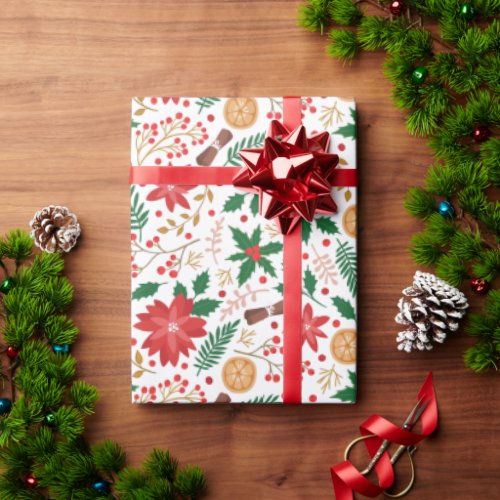 Elegant Red Poinsettia Winter Berry Christmas Wrapping Paper