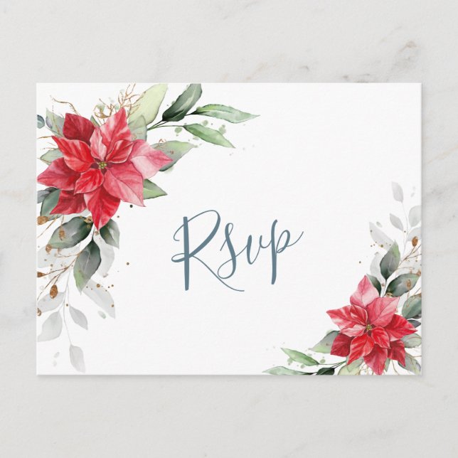 Elegant Red Poinsettia Winter Greenery RSVP Postcard (Front)