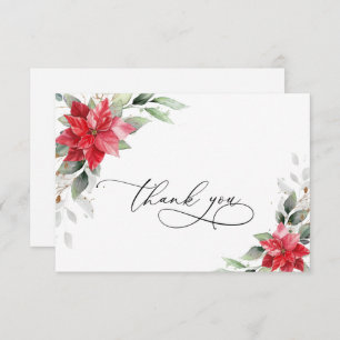 Elegant Red Poinsettia Winter Greenery Watercolor Thank You Card
