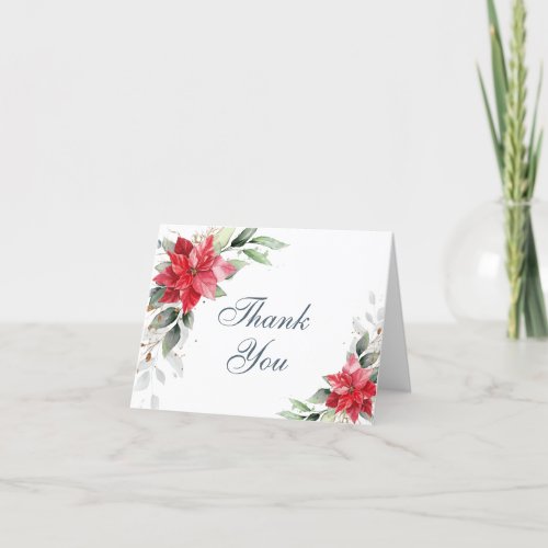 Elegant Red Poinsettia Winter Greenery Watercolor Thank You Card