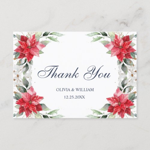 Elegant Red Poinsettia Winter Greenery Watercolor Thank You Card