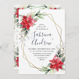 Elegant Red Poinsettia Winter Greenery Wedding Inv Invitation
