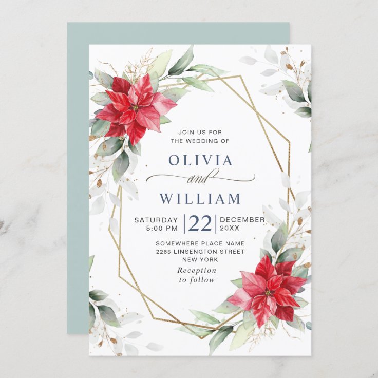 Elegant Red Poinsettia Winter Greenery Wedding Invitation | Zazzle