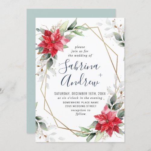 Elegant Red Poinsettia Winter Greenery Wedding Invitation