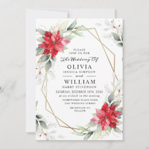 Elegant Red Poinsettia Winter Greenery Wedding Invitation