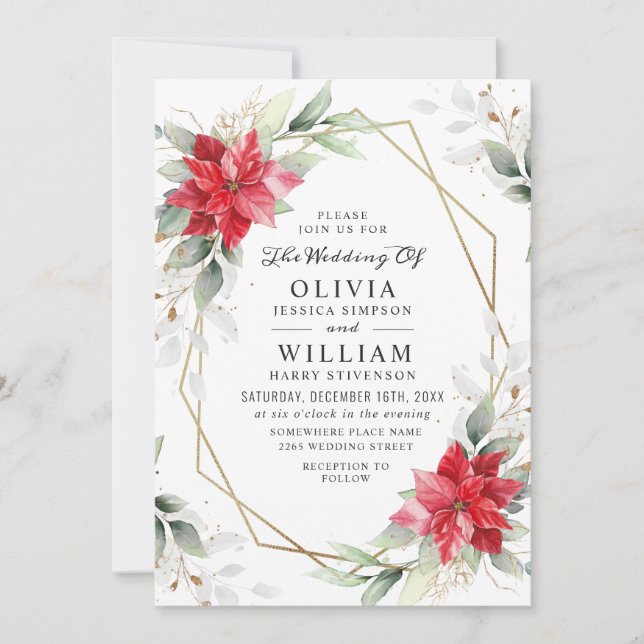 Elegant Red Poinsettia Winter Greenery Wedding Invitation (Front)