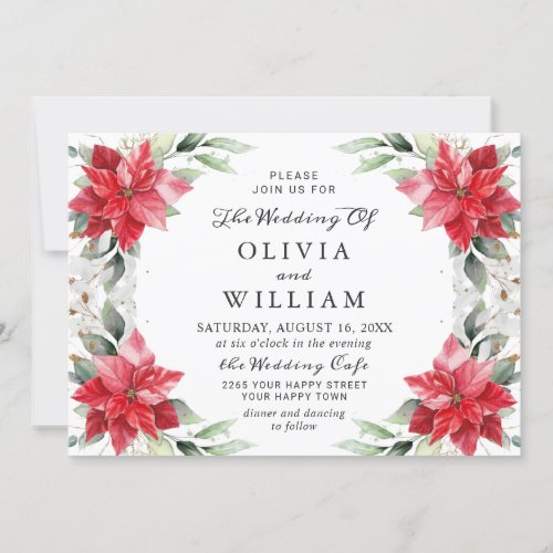 Elegant Red Poinsettia Winter Greenery Wedding Invitation