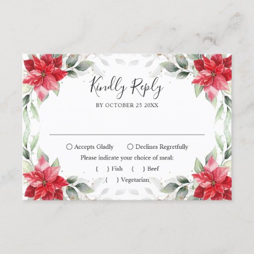 Elegant Red Poinsettia Winter Greenery Wedding RSVP Card