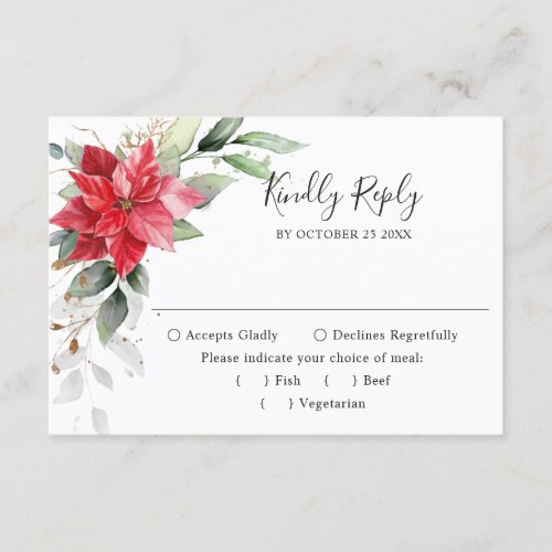 Elegant Red Poinsettia Winter Greenery Wedding RSVP Card