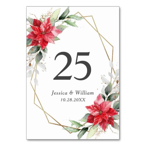 Elegant Red Poinsettia Winter Greenery Wedding Table Number