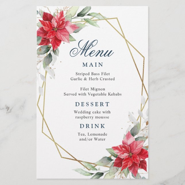 Elegant Red Poinsettia Winter Wedding Dinner Menu (Front)