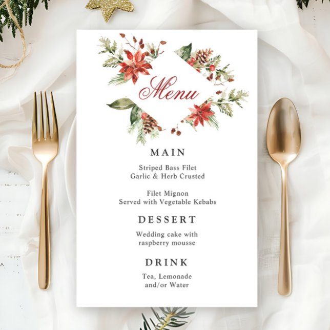 Elegant Red Poinsettia Winter Wedding Dinner Menu (Creator Uploaded)