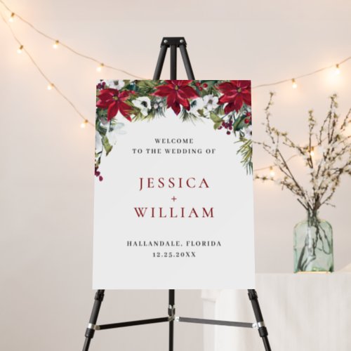 Elegant Red Poinsettia Winter Wedding Welcome Foam Board