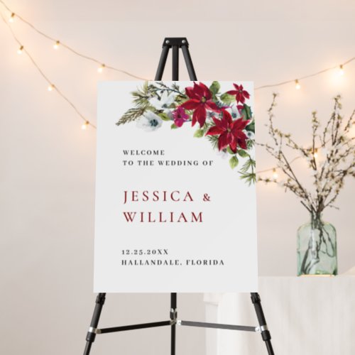 Elegant Red Poinsettia Winter Wedding Welcome Foam Board