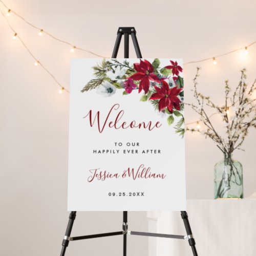 Elegant Red Poinsettia Winter Wedding Welcome Foam Board